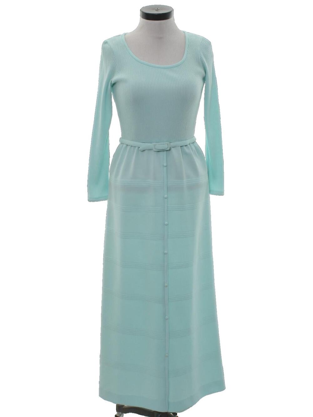 Vintage 70s Ayres Unlimited Aqua Maxi Dress Belted Ribbed Knit Long Sleeve